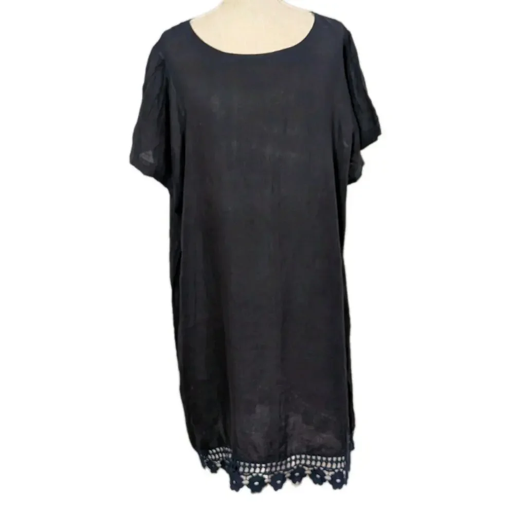 Bellambra Navy Linen Dress Size 1X Made In Italy Crochet Trim Short Sleeve - Picture 2 of 10